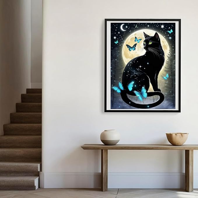 Meothan 5D Black Cat Diamond Art Kits for Adult Beginners Moon Cat Diamond Painting Kits for Adults Butterfly Diamond Painting Full Drill Round Rhinestones Gem Art for Home Wall Decor 11.8X15.7inch