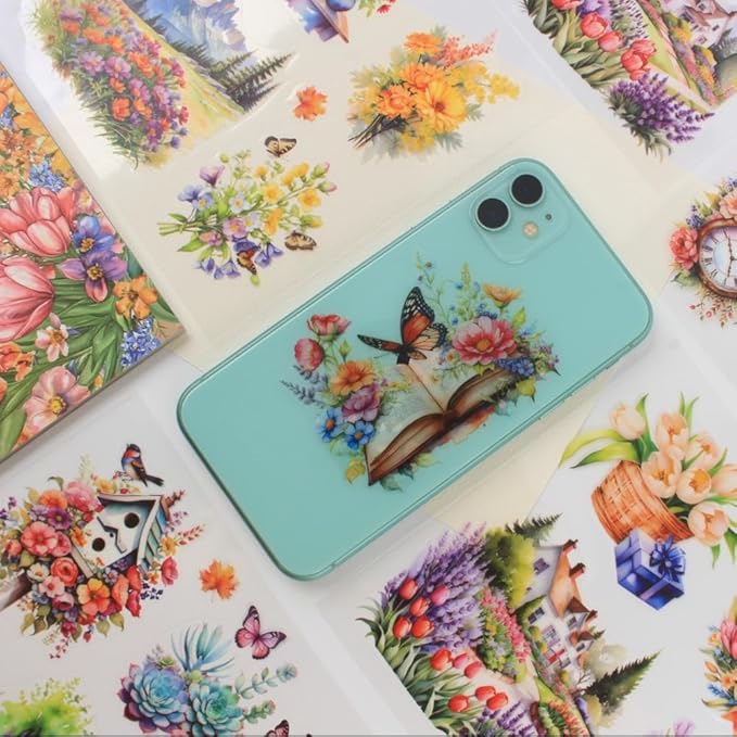 30 Sheets Precut Colorful Garden Landscape Stickers Book for Junk Journal Supplies, Transparent PET Stickers for Journaling, Scrapbooking, Bujo, Collage, Card Making