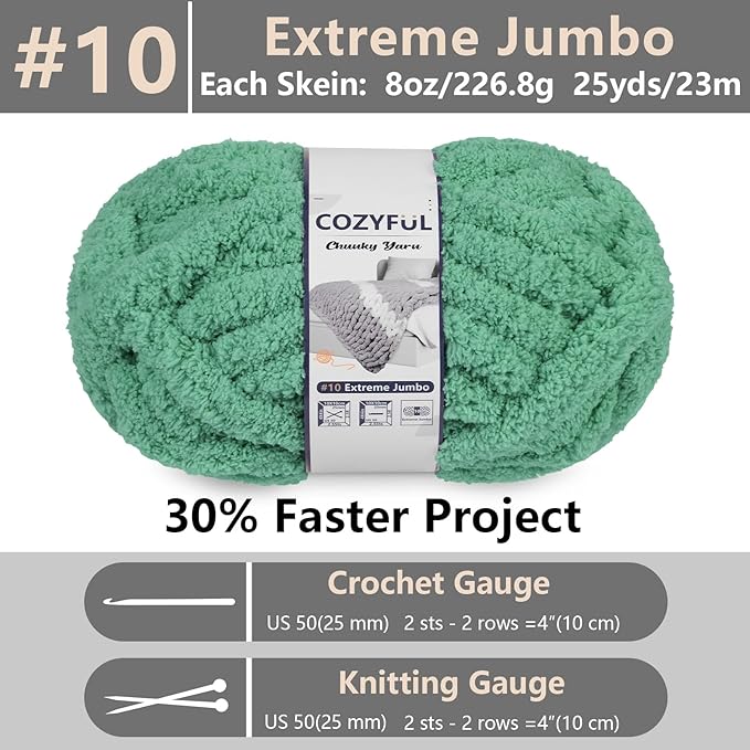 Chunky Yarn for Hand Knitting - #10 Chunky Chenille Yarn, Jumbo Big Thick Chunky Yarns for Crocheting, Super Bulky Chunky Knit Blanket Yarns, 8 Skein (25yds 8oz Each Skein), Misty Jungle Green