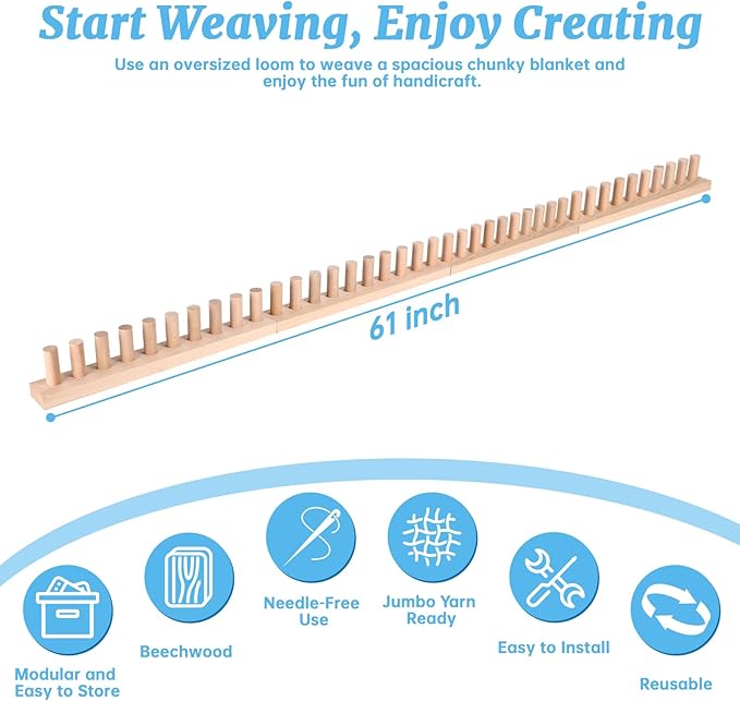 cenoz 61" Beechwood Chunky Knitting Blanket Loom Kit - Adjustable Size Hand Knitting Loom for DIY Throw Chunky Yarn Blankets Scarves Rugs, No Needles Required, Blanket Loom Gift for Beginners Starter