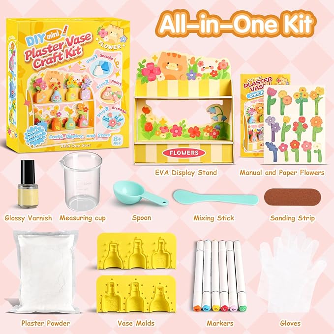 DIY Mini Plaster Flower Vase Craft Kit – 3D Painting & Flower Arranging Toy for Kids – Creative Arts and Crafts Set for Girls Ages 3-8, Preschool Art Gift