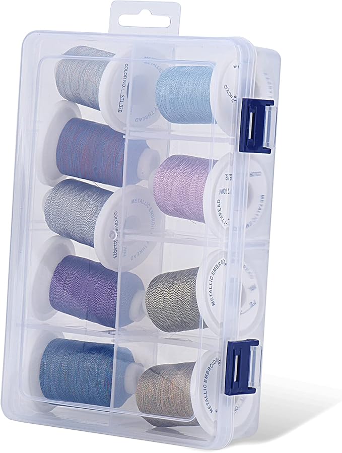 Simthread Metallic Embroidery Thread with Storage Box, 700M Snap Spools 9 Colors for Embroidery and Sewing Machine