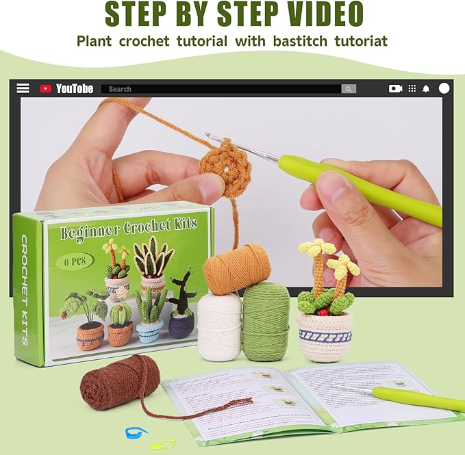 Hssugi Crochet Kit for Beginners, 6PCS Succulents Plants Crochet Kits, Knitting Kit with Step-by-Step Video Tutorials, Crochet Yarn DIY Beginner Crochet Kit for Adults Succulent Family