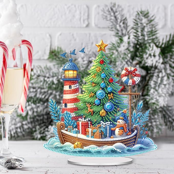 LAKEQUILL Christmas Tree Diamond Art Painting Kits for Adults,5D Xmas Boat Stand Up Tabletop Ornament for Home Office Desk Decor, DIY Diamond Art Gifts for Women, Men, Complete Tools Included