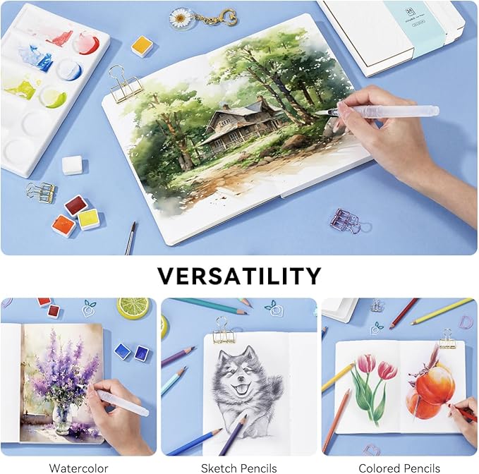 Lightwish Watercolor Journal, 100% Cotton Hot Press Watercolor Paper,140lb/300gsm Acid-Free, 24 Sheets 5.12x7.48” Sketchbook for Adults, Students, and Kids