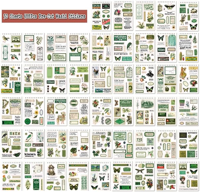 488PCS Vintage Scrapbook Stickers, 50 Sheets Precut Washi Stickers Book for Journaling, Green Ephemera for Junk Journal Supplies, Scrapbooking, Bujo, Collage, Adults Crafts Arts