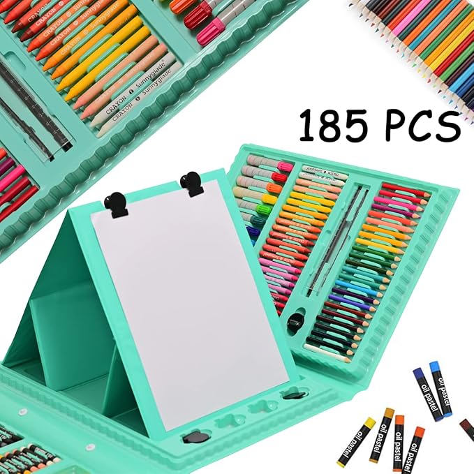 Sunnyglade 185 Pieces Double Sided Trifold Easel Art Set, Drawing Art Box with Oil Pastels, Crayons, Colored Pencils, Markers, Paint Brush, Watercolor Cakes, Sketch Pad (Green)