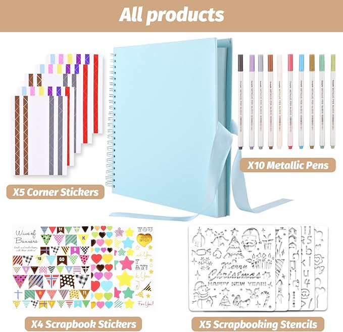 GOTIDEAL 12 x 12 Inch Scrapbook Album with 10 Metallic Markers,80 Pages Craft Paper Photo Album for Wedding and Anniversary, Family DIY Photo Album with Scrapbooking Stickers Corners(Blue)