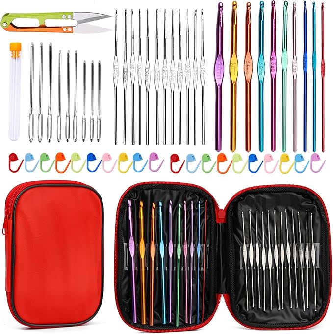 IMZAY 54 Pcs Crochet Hooks Set, 0.6mm-6.5mm Crochet Needles, Crochet Hooks Kit with Storage Case, Ergonomic Knitting Needles Stitch Marker Hand Craft Knitting Accessories for Beginners (Red)