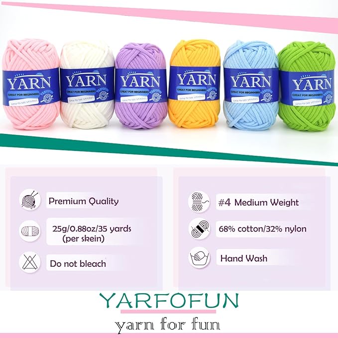 6 Pack Beginners Crochet Yarn Pink Yellow Blue Purple Green Cotton Easy Yarn for Crocheting and Knitting Beginners Crochet Kit-Pastel Series