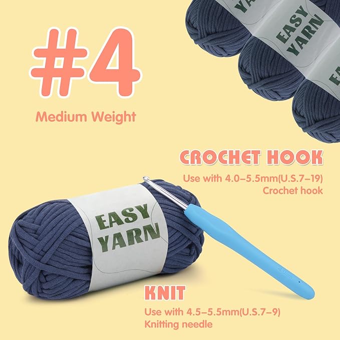 4x50g Yarn for Crocheting, 4x80m (87yds) Beginner Crochet Cotton Yarn with Easy-to-See Stitches, Worsted-Weight Medium #4 - Cotton-Nylon Blend Blue