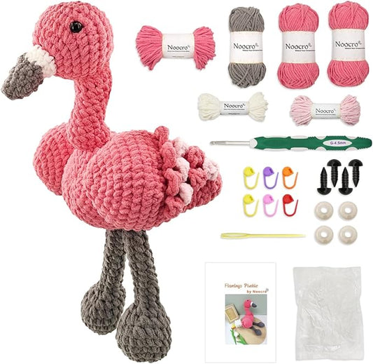 Noocro Flamingo Amigurumi Crochet Kit for Advanced Beginners & Intermediate, DIY Crochet Animal Plushie Kit with Soft Chenille Yarn, Hook, Stuffing & Instructions – Fun Craft Gift