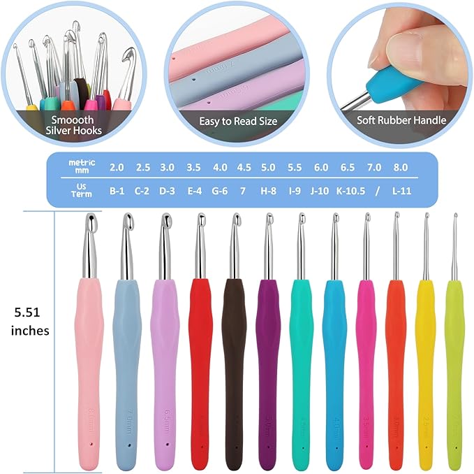 Aeelike Crochet Kit for Beginners with 10 Colors Yarn and Introduction Book, 48pcs Crochet Starter Kit Everything for Adult, Learn to Crochet Kit with Soft Grip Crochet Hooks and Blue Flower Bag