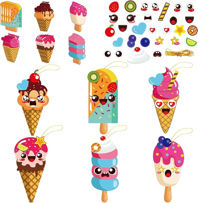 chiazllta 30 Packs Summer Ice Cream Craft Kits for Sweets DIY Sticker Art Craft Set for Early Home Day-Care Fun Game Activities Summer Party Favors