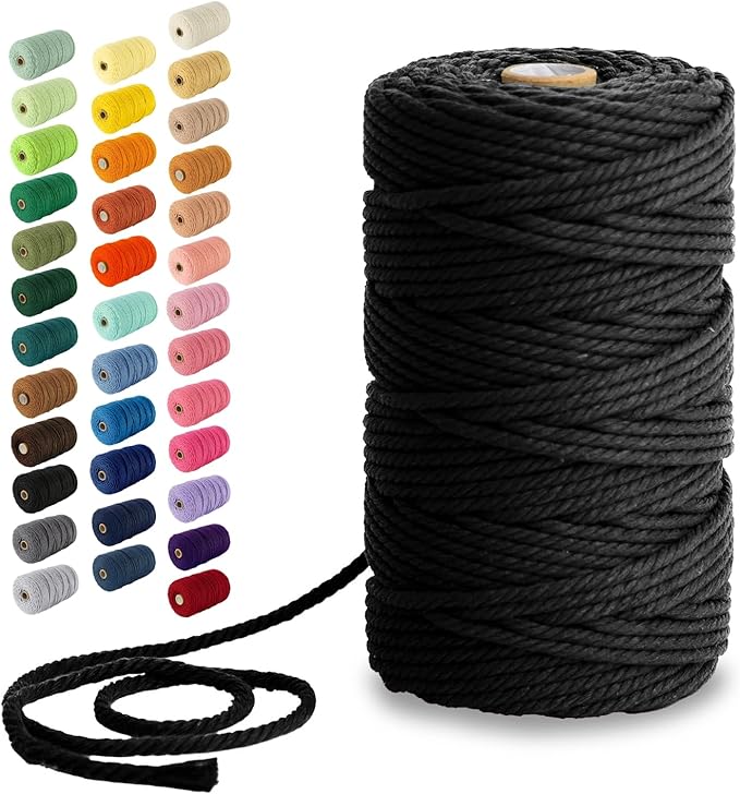 Nook Theory Macrame Cord - 4mm 109 Yards Cotton Rope, 3mm 5mm Yarn, String for Crafts, Perfect for Macrame Wall Hanging and Boho Decorations (Black)
