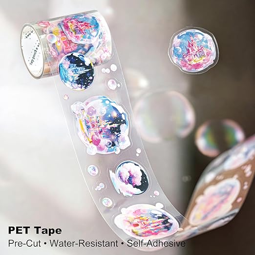 4 Rolls Bubble World PET Sticker Tape Set, Pre-Cut Bubble Scene Designs - Each Roll 1.97in x 78.74in for Scrapbook Journal Planner, DIY Crafts, Cards, Gift Wrap