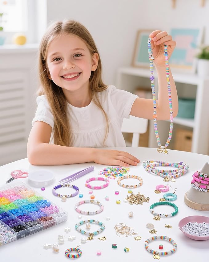 Mio Angle Clay Beads Bracelet Making Kit 24 Colors Flat Preppy Beads for Friendship Jewelry Making Polymer Heishi Beads with Charms Gifts for Teen Girls Crafts for Girls Ages 8-12