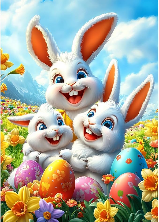 Cartoon Easter Bunny with Eggs Diamond Art Kits for Adults, DIY Diamond Painting Kits for Adults for Beginners, 5D Full Round Drill Gem Art Painting Kit for Home Wall Decor, Happy Easter, 12x16 inch