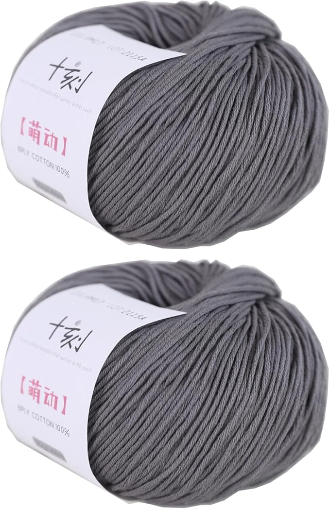 Fine Weight Knitted and Crocheted Cotton Yarn, 100% Long Staple Cotton Yarn, Baby Sports, 2 Packages of 100g/3.52oz (Per Skein 50g/162yards)-Dark Cloud Grey