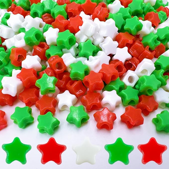 MIIIM 1000 Pcs Christmas Star Pony Beads Shapes for Friendship Bracelet, Large Hole Kandi Beads for Hair Braids, Jewelry Making (Red Green White Star)