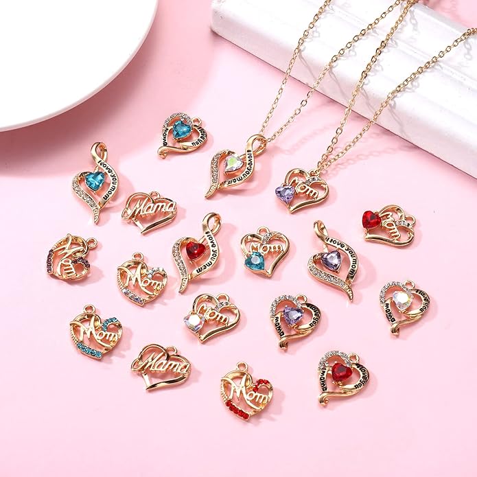 18/20PCS Mama Charms for Jewelry Making Rhinestone Heart Birthday Mother’s Day Charms Letter Mama Mom Pendants for Necklace Bracelet Making DIY Crafts