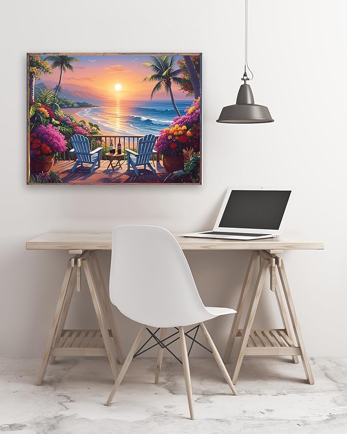 askkqtx Beach Sunset Diamond Art Kits for Adults, Coconut Tree Diamond Painting Kits for Beginners, DIY 5D Full Drill Crystal Flowers Diamond Dots Gem Art Craft Home Decor 16x12 Inch