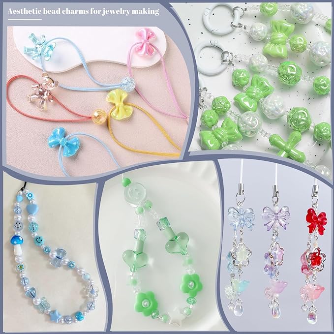 200-260pcs tinkrstuff assorted green acrylic beads for bracelet making, cute beads for jewelry making flower bow butterfly candy gummybear aesthetic bracelet charms, diy necklace keychain phone charm