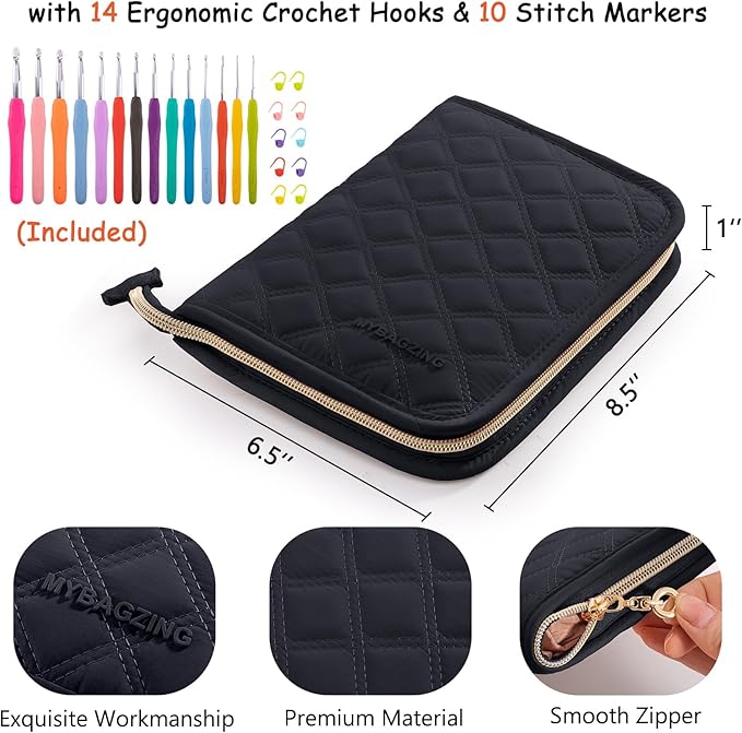 MYBAGZING Crochet Hook Set with Storage Case – 14 Ergonomic Crochet Hooks(2mm(B)-10mm(N), 10 Stitch Markers, Crochet Organizer for Crochet Needles, Accessories, and Supplies