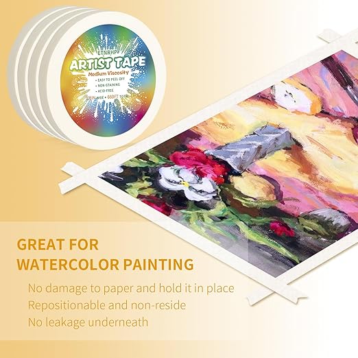 4 Packs White Art Tape Medium Tack Artist Masking Tape Paper Acid Free Tape Watercolor Painters Tape Artists Tape for Drafting Art Watercolor Painting Canvas Framing, 0.8 inch Wide 660FT Long