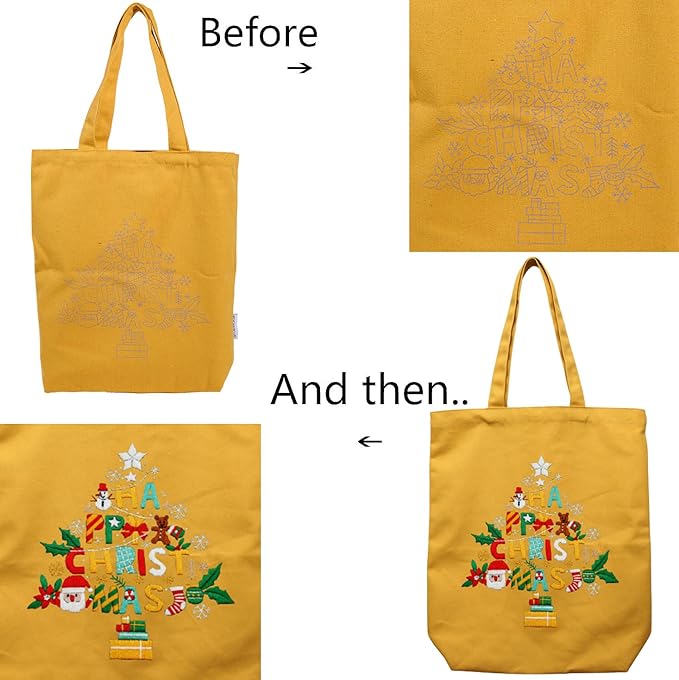 CREAWONDER Canvas Tote Bag Embroidery Kit with Pattern for Beginners, Arts and DIY Embroidery Crafts Kits for Adults, Include Instructions, Thimble, Embroidery Hoops, Color Threads and Tool
