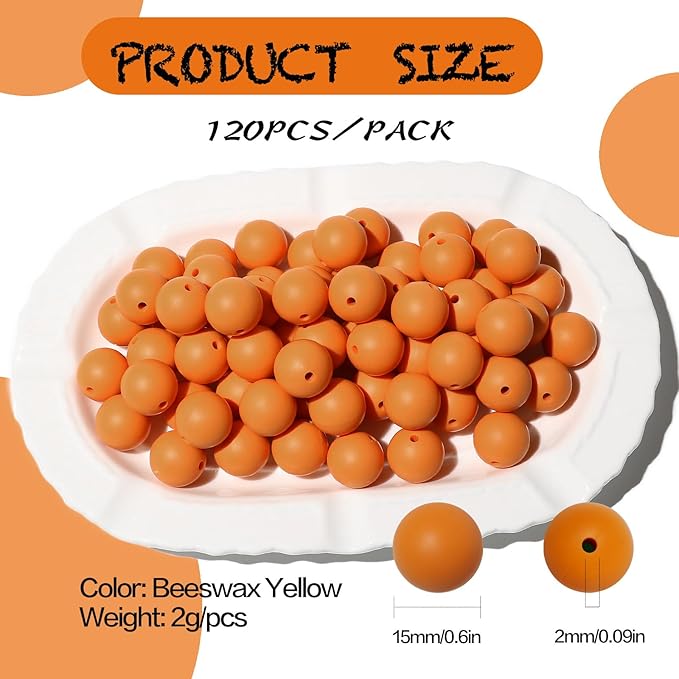120pcs Richbunnys 15mm Bulk Silicone Beads for Pens and Keychain Making,Large Bead for Necklace and Bracelets Making,Assorted Rubber Beads Set（Beeswax Yellow）