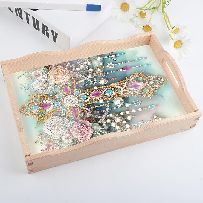 AiYuanzsh DIY Diamond Art Tray with Handle Diamond Art Painting Plate Creative Design Handmade Wooden Tray Mosaic Making Kits by Number Kits Diamond Art for Coffee Living Room Home Organizer