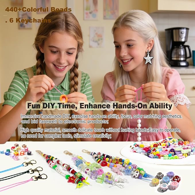 ROPIKIS DIY Bead Keychain Making Kit, 440 PCS Craft Supplies with 6 Keychains, Acrylic Beads Football Rugby Heart Star Flower Letter Alphabet for Custom Key Chain Bag Charm Gift for Girls Women