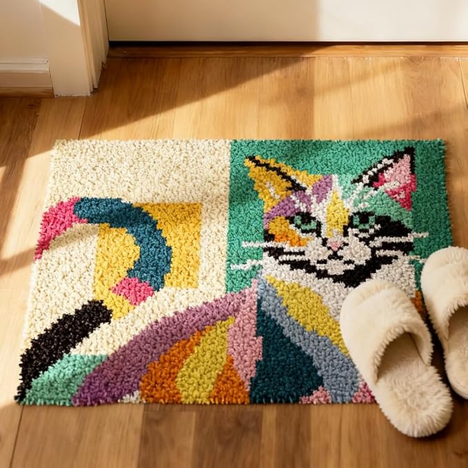 ORIGACH Colorful Abstract Cat Latch Hook Rug Kit for Adults Printed Rug Making Kit Handmade Carpet Tapestry Cover with Hook Latch and Preprinted Canvas, Home Arts Crafts Sofa Decor, 20.5x15inch