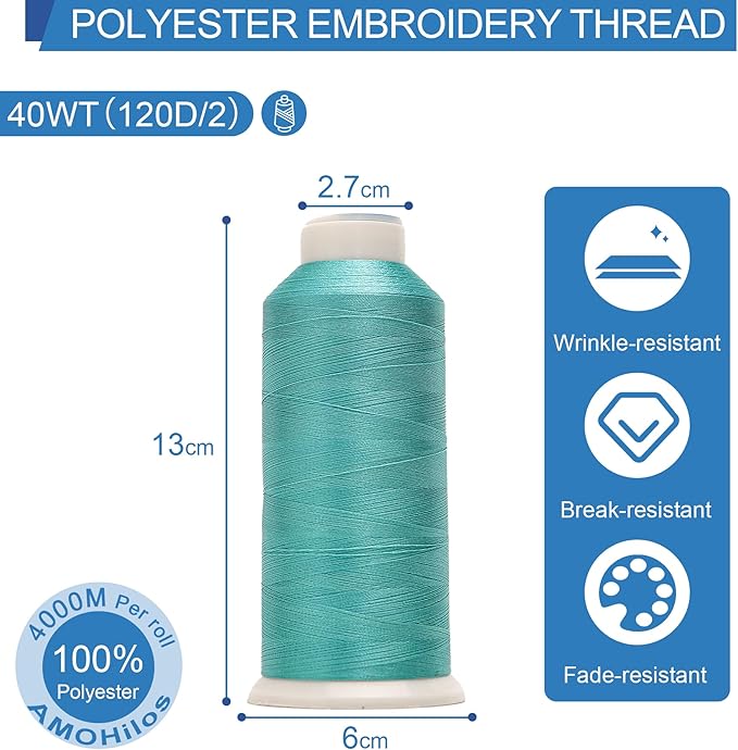 High Tenacity Polyester Embroidery Machine Thread 40WT(120D/2) 4000M Per Spool for Commercial and Domestic Embroidery Machine (Teal Green-1746)