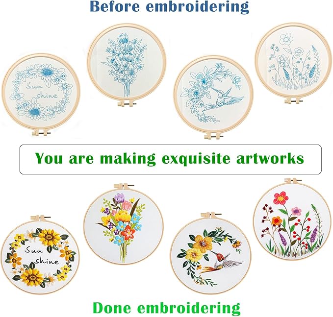 Vigdit 4 Pack Embroidery Kit for Beginners, Needlepoint Cross Stitch Kit for Adult Beginner, Easy DIY Hand Embroidery Starter Kit with Stamped Floral Pattern Embroidery Hoop Tools and Instruction