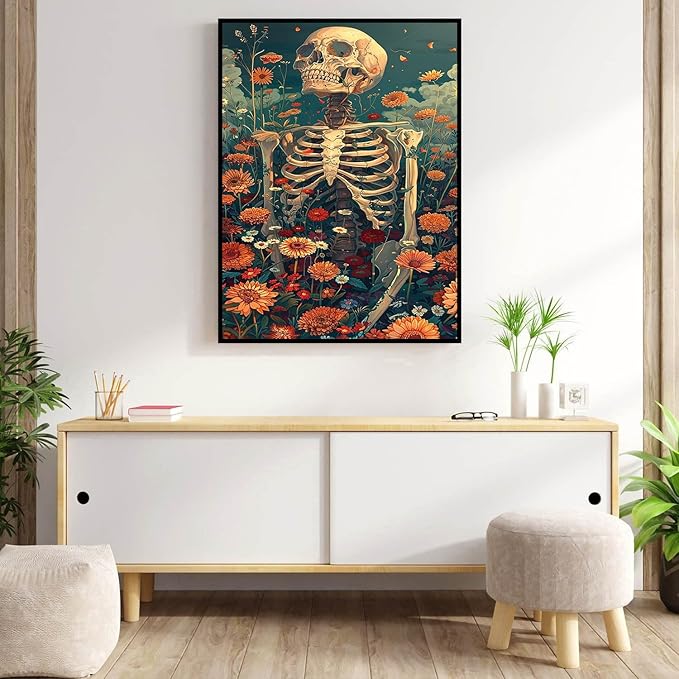 Meothan Diamond Art Kits for Adults, 5D DIY Skull Flowers Diamond Painting Kits for Beginners, Diamond Dots Gem Arts Crafts Kits for Living Room Bedroom Home Wall Decor Offices12X16 Inch