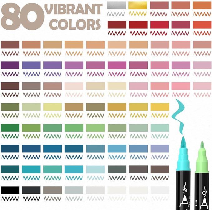 80 Colors Acrylic Paint Markers - Waterproof Dual Tip Acrylic Paint Pens with Brush & Fine Tip Professional Marker Set Scrapbook Markers for Paper Rock Wood Fabric Glass Ceramic and DIY Crafts