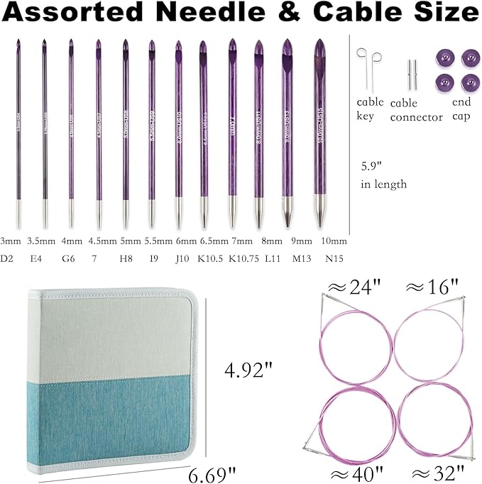 Svartur Tunisian Crochet Hooks Set with Cable, Afghan Crochet Hooks Interchangeable, Size from 3mm-10mm Sandalwood Crochet Knitting Needles for Crocheting, Purple