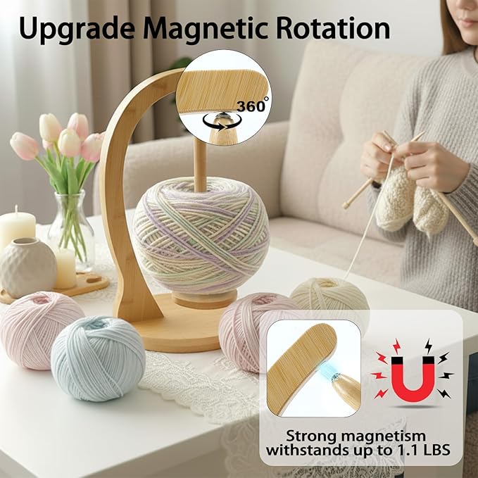 Yarn Holder for Crocheting and Knitting, Wooden Yarn Spinner with Magnetic Rotating Mechanism,Gift for Crocheter and Knitter（Natural）