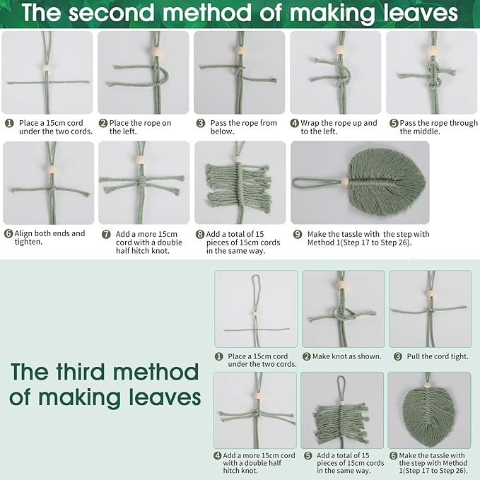 Crystalberry Large DIY Macrame Leaf Wall Hanging Kit 20.4in × 15.7in Bohemian 13 Green Leaves Decor DIY Craft Woven Yarn Tapestry for Living Room Bedroom