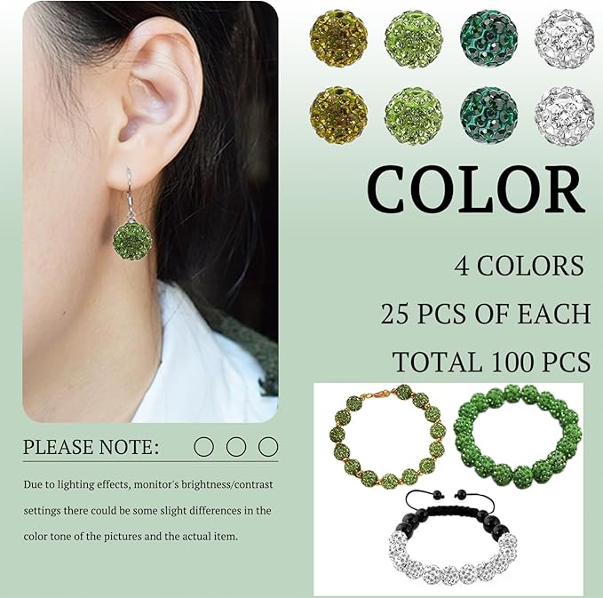 St. Patrick's Day Rhinestone Beads for Baseball Necklace-St. Patrick's Day Disco Ball Beads Rhinestone Clay Bead for Earring Jewelry Making,Necklace Bracelet,DIY Craft Supplies(100 pcs Green)