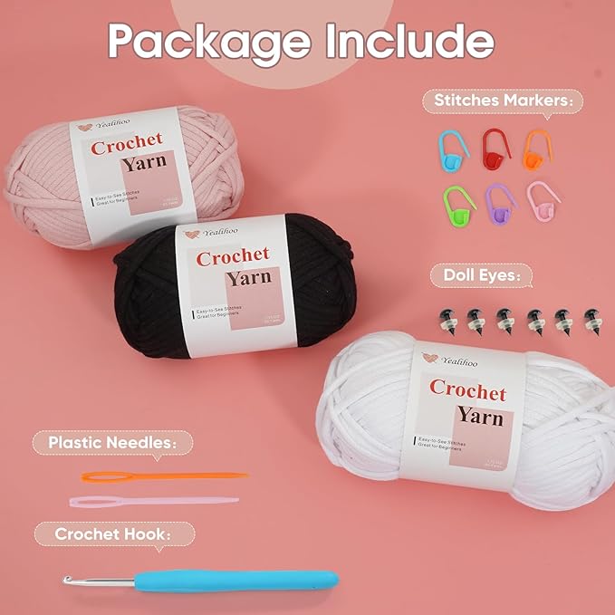 Beginners Yarn for Crocheting, Easy Crochet Yarn for Beginners, 3 Pack × 1.8 oz Amigurumi Yarns, Bunny Crochet Kit, Thick and Soft, Easy-to-See Stitches, Worsted Medium # 4, Cotton-Nylon Blend