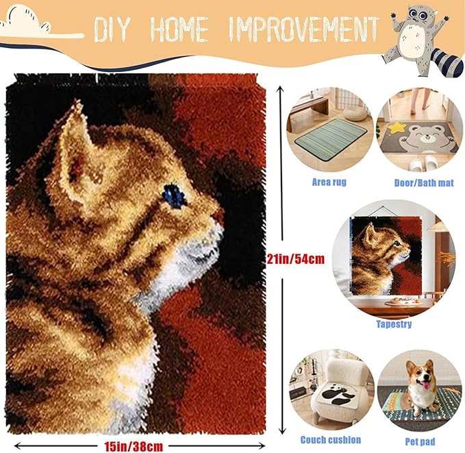 EMISTEM Latch Hook Kits for Adults - DIY Latch Hook Rug Kits, Crochet Kit for Beginners, Rug Making Kits with Printed Canvas, Gift Packaging. (Cute Cats,16x21 inch)