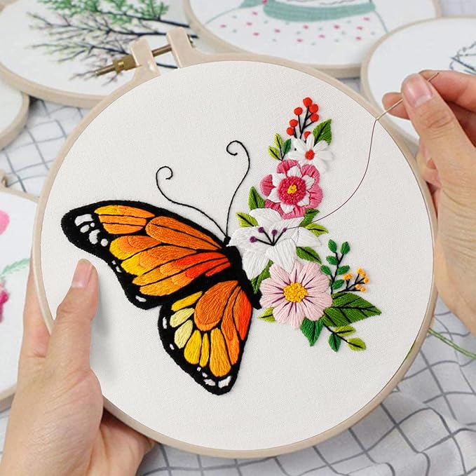 louise maelys embroidery kit canvas tote bag for beginners,cross stitch kits for adults,diy needlepoint with butterfly floral pattern,women shopping reusable grocery bags