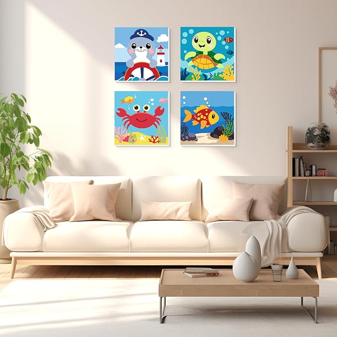 Lxmsja 4 Pack Ocean Pals Adventure Paint by Numbers Kit for Adults, Easy Framed Paint by Numbers for Adults Beginner, DIY Acrylic Oil Painting Craft Kits for Home Wall Decor 8x8 inch