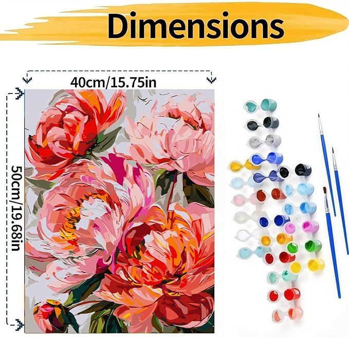 Peony Floral Paint by Numbers Kit for Adults Beginners,Flower Adult Paint by Number Kits On Canvas, DIY Acrylic Oil Painting Kits for Beginners, Color by Number Adult for Home Wall Decor 16x20Inch