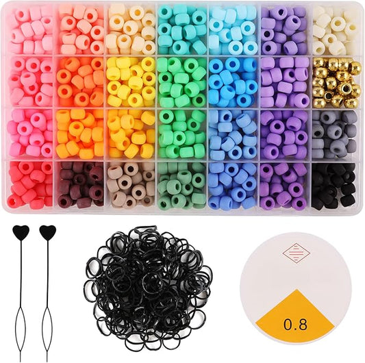 Miss Rabbit 28 Color 9 mm Pony Beads for Bracelet Making Kit, Matte Frosted Kandi Beads for Jewelry Making Hair Braids Crafts School Gift with Rubber Band＆Hair Beader (Include organizing Box)