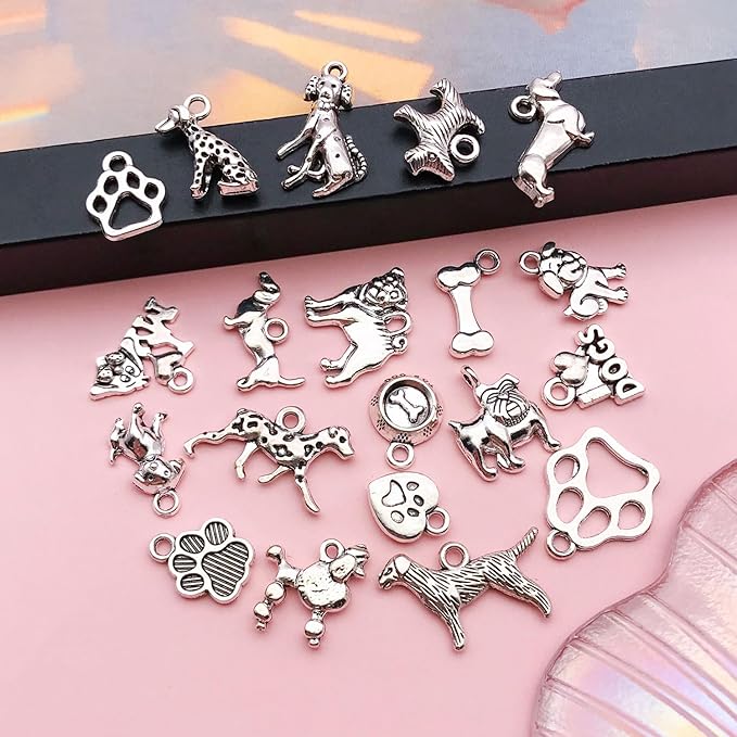 Youdiyla 100pcs Craft Supplies Pet Dog Animals Charms Pendants for Crafting Jewelry Findings Making Accessory for DIY Necklace Bracelet (Antique Sliver)