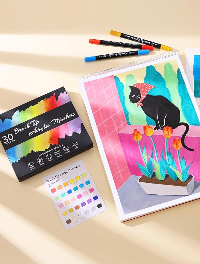 30 Colors Acrylic Paint Markers - Waterproof Dual Tip Acrylic Paint Pens with Brush & Fine Tip Professional Marker Set Scrapbook Markers for Paper Rock Wood Fabric Glass Ceramic and DIY Crafts